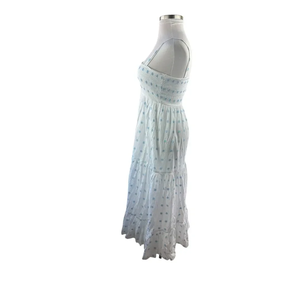 Zara Floral Embroidered Tiered Maxi Sundress Smocked White Blue Dress Size Large - Picture 8 of 16